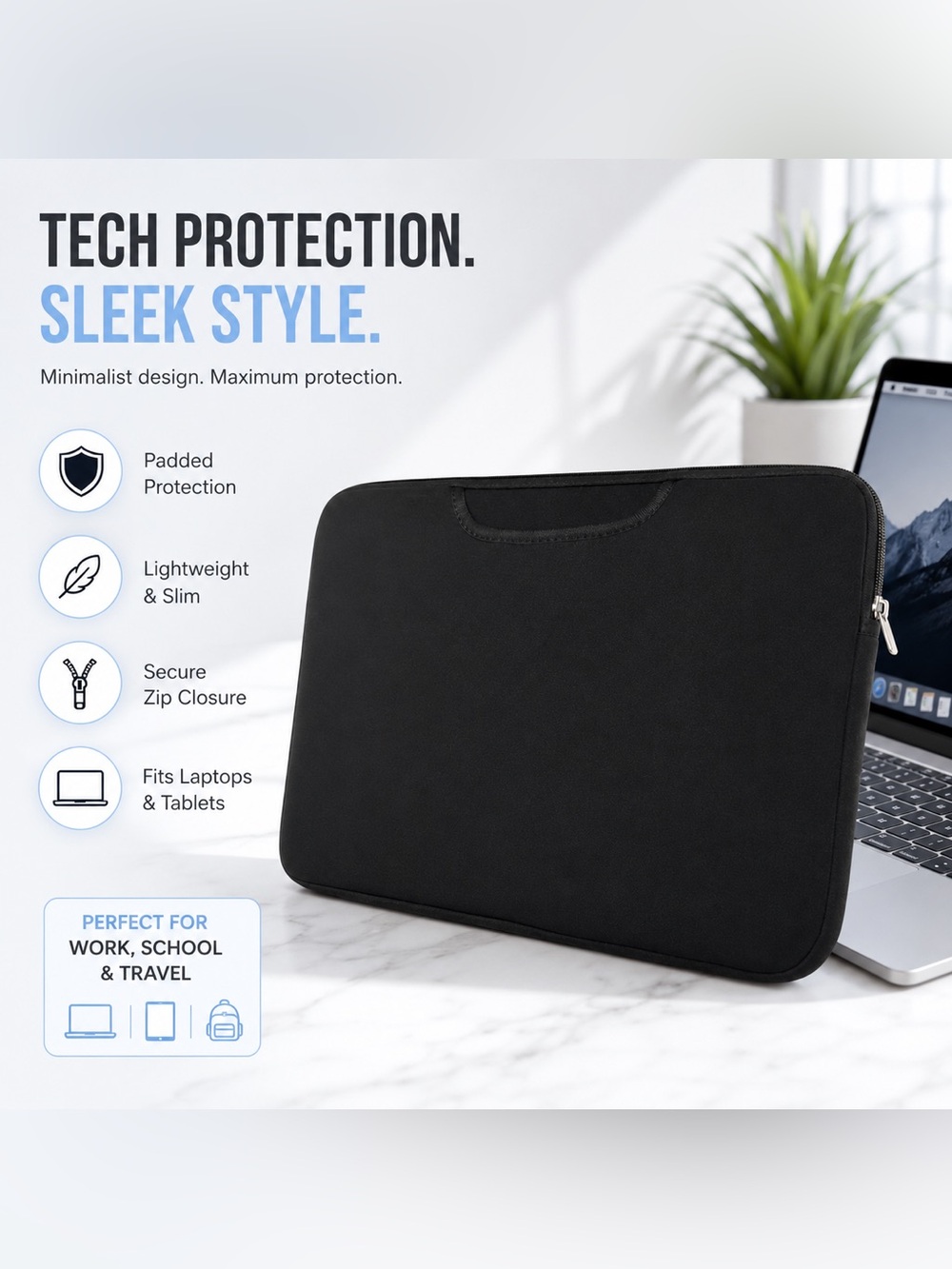Black Neoprene Laptop Sleeve / Tablet Case – Zipper Closure